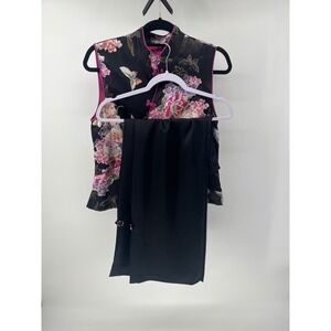 Citrine‎ Silk 2 Piece Set Womens 12 Floral Butterfly Mandarin Top Wide Leg Pants